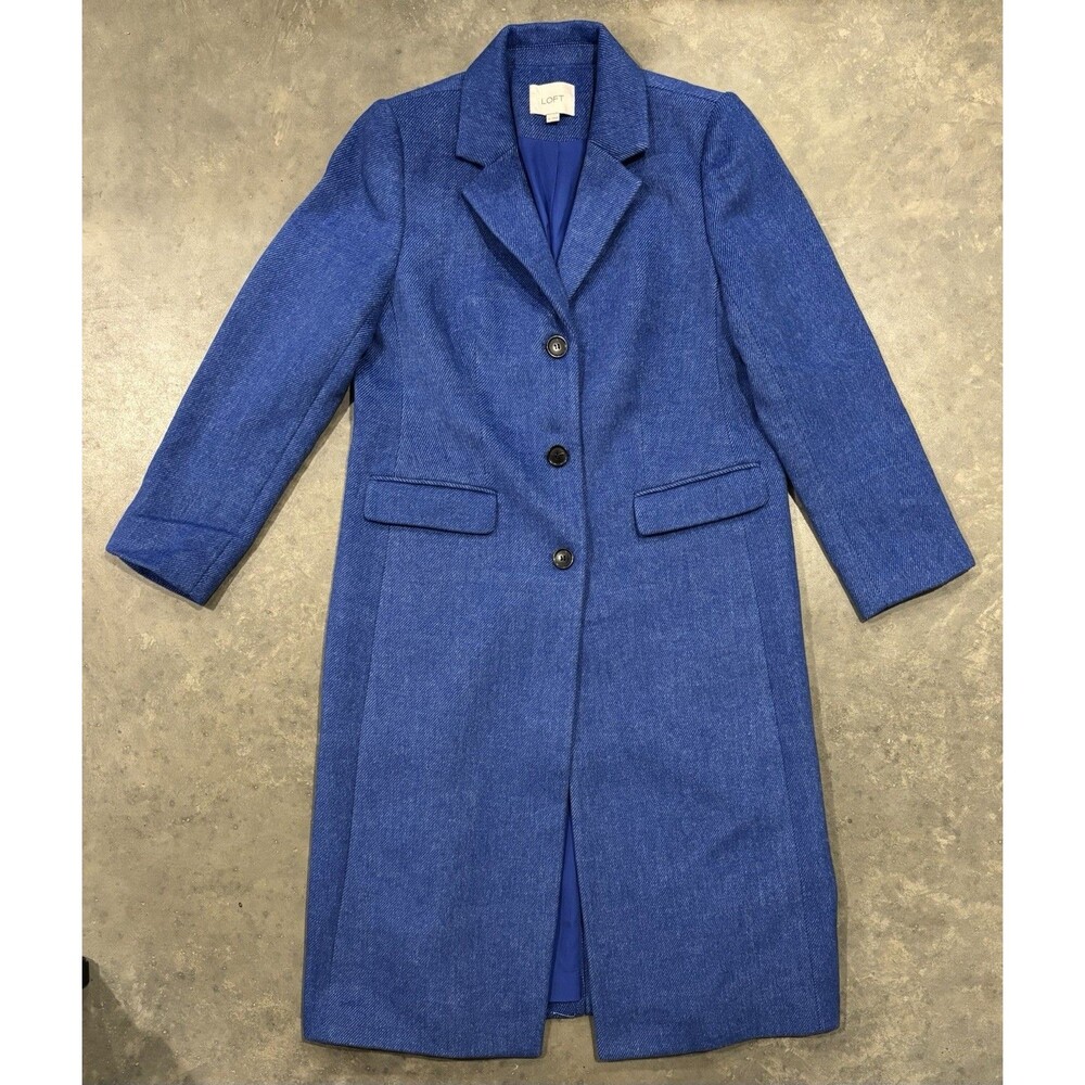 LOFT Blue Herringbone Wool Blend Long Coat Women’s Medium Button Lined Pockets
